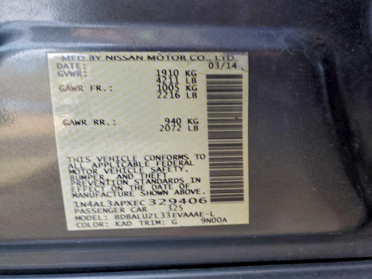 2014 Niss Altima VIN 1N4AL3APXEC329406 photo 12